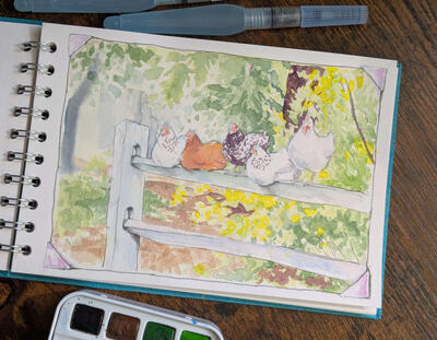 Chickens on a fence - watercolour study - 2025
